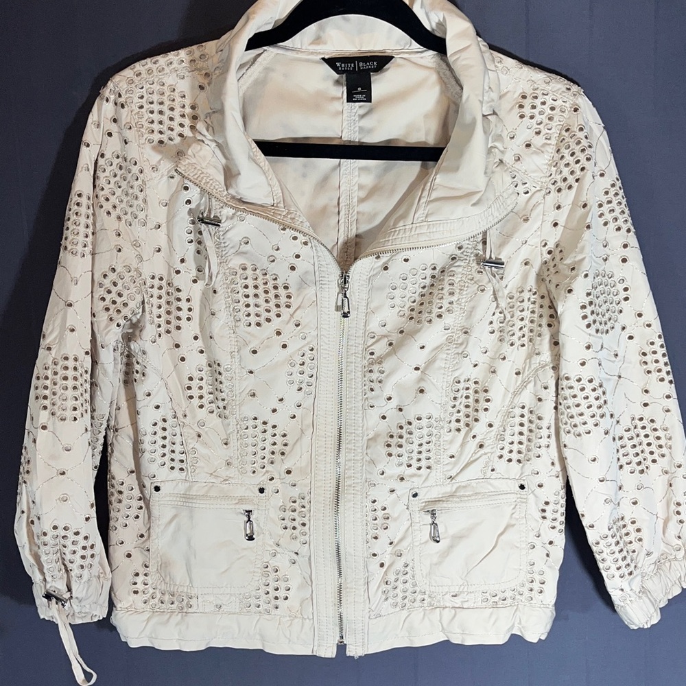 NWOT Ivory Eyelet Waist Jacket Zippers & Cinches 3/4 Sleeves Pockets Sz 8